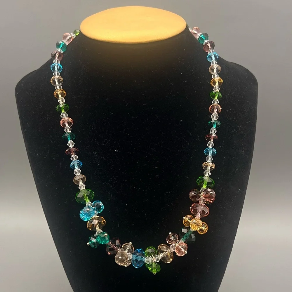 Y2K Multicolor Beaded Necklace — Crystal Flower Cluster Statement Jewelry, 18”